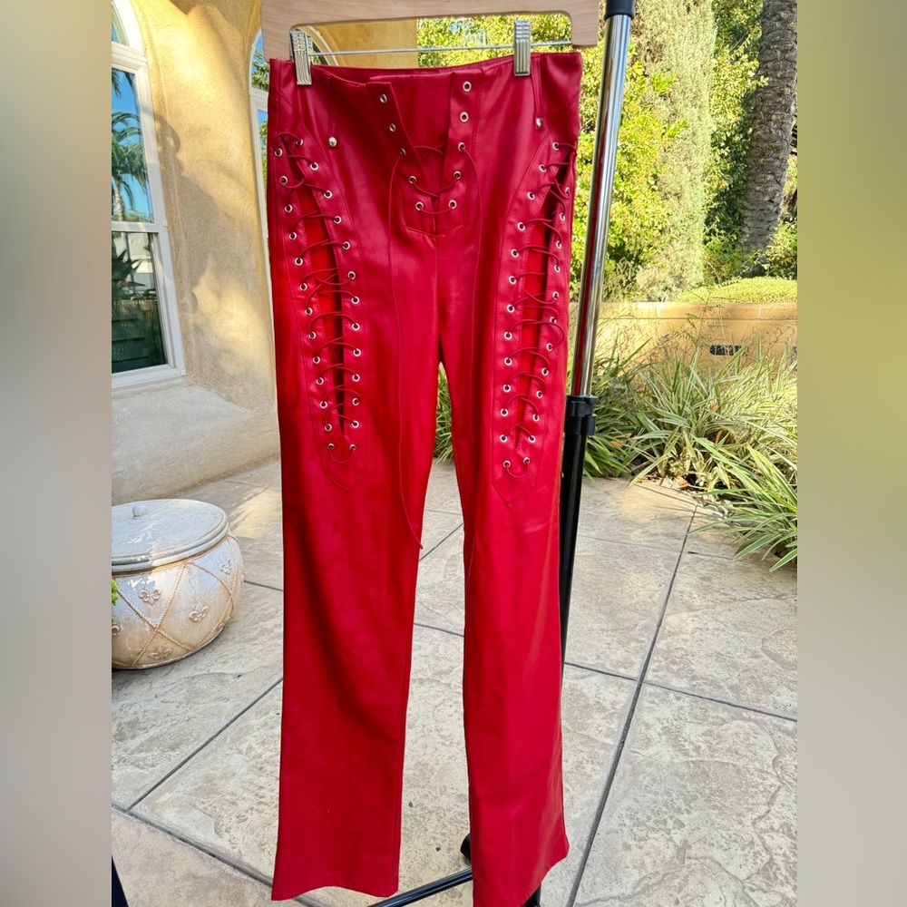 I.AM.GIA Vibrant Red Lace-Up Faux-Leather Trousers